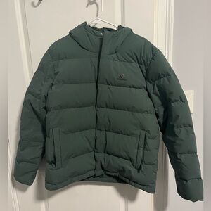 Adidas helionic down hooded jacket in green, size men’s Medium